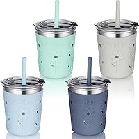 Tiblue Kids & Toddler Cups - 4 Pack 8oz Spill Proof Stainless Steel Tumblers with Leak Proof Lids, Silicone Straw with Stopper & Sleeve - BPA FREE Snack Smoothie Drinking Cup for Baby Girls Boys