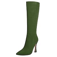 Womens Solid Pointed Toe Zip Dating Casual Suede Stiletto High Heel Knee High Boots 4 Inch