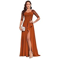 Plus Size Mother of The Bride Dresses Burnt Orange Ruffles Half Sleeves Lace Evening Gown with Slit Size 18W
