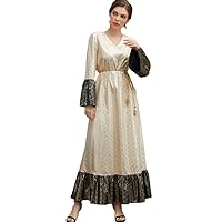 Dress for Ladies European Us High Waist Gold Print Vintage Apparel Contrast Panel Lace Up Dresses for Women