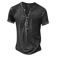Mens Retro Distressed T-Shirts 2023 Trendy Solid Color Button Round Neck Pullover Tops Summer Casual Short Sleeve Tees