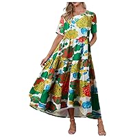 Women's Summer Casual V Neck Dress Maxi Flowy Puff Elastic Dress Party Vacation Beach Sundress