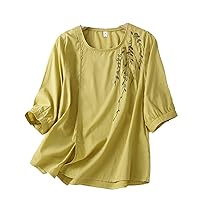 Three-Quarter Sleeve Ramie Shirt Female Retro Cotton and Linen Shirt Embroidery Summer Linen top T-Shirt