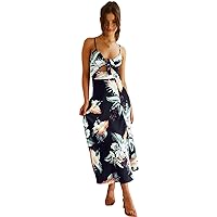 Women's 2023 Floral Summer Dress Spaghetti Strap Midi V Neck Dresses Tie Front Backless Split Hollow Beach Dress