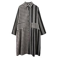 Cotton Linen Long Sleeve Patchwork Plaid Shirt Dresses for Women Spring Autumn Casual Loose Elegant Dress Clothing