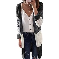 Women's Long Open Front Cardigans Fashion Striped Color Block Knit Outwear Coat Loose Long Print Cozy Sweater Pockets