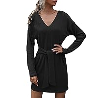 Sweater Dress for Women 2023 Solid Color Warm Classic Thicken with Waistband Long Sleeve V Neck Knit Dresses