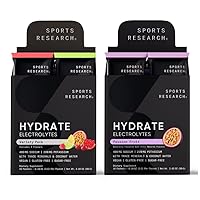 Sports Research Hydrate Electrolytes Combo Pack - Sugar-Free & Naturally Flavored with Vitamins, Minerals, and Coconut Water - Supports Hydration - 32 Packets - Passion Fruit Dominant Flavor