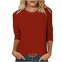 Womens 3/4 Sleeve Tops Summer Crewneck Solid Color T-Shirt Oversized Loose Fit Blouses Three Quarter Length Shirts