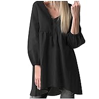 Oversized Cotton Linen Tunic Tops Women Lantern Long Sleeve V Neck Babaydoll Shirts Casual Loose Fit Flowy Blouses