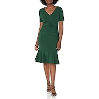 London Times Women's V-Neck Polished Flounce Hem Twist Waist Detail Feminine Office Event Guest of