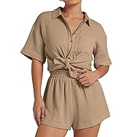 Kissonic Women's 2 Piece Outfits Track Suits Matching Sets Loungewear for Vacation Button Down Shirt and Shorts Set