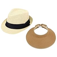 Simplicity Summer Sun Straw Fedora Hat and Roll up Visor Hat