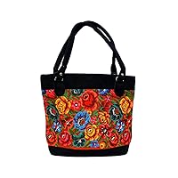 Multicolored Floral Huipil Embroidered Black Vegan Suede Tote Purse Bag - Womens Fashion Handmade Boho Travel Accessories