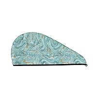 Azurite Teal and Foil Gold Oil Marble Pattern Coral Fleece Hair Drying Cap, Microfiber Hair Towel for Women's Wet Hair, Quick Drying Turban