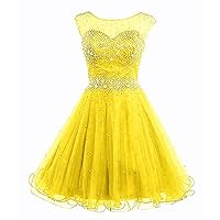 VeraQueen Women's A Line Beaded Homecoming Dress Short Tulle Sleeveless Cocktail Gown Yellow