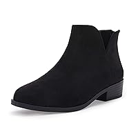 FISACE Girls Pointed Toe V Cut Low Heel Ankle Boots Slip On Back Zip Faux Leather Booties