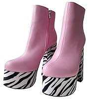 Frankie Hsu Fashion Halloween Platform Chunky Cute Lovely Large Big Size Pink Suede Zebra Print Block High Heeled Ankle Short Bootie For Women Men US5-14