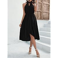 Dresses for Women Halter Keyhole Neckline Asymmetrical Wrap Hem Dress (Color : Black, Size : X-Large)