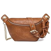 Women's PU Leather Waist Pack with Gold Chain Strap Crossbody Shoulder Bag Large Capacity Chest Bag for Traveling Cycling Hiking Workout Brown