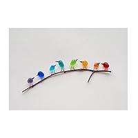 Stained Glass Birds On Branch, Sea Glass Birds Wall Decor Sea Glass Art, Sea Glass & Driftwood Picture, Unframed Unique Handmade, Apply to Bedroom and Living Room. (Frameless-A)