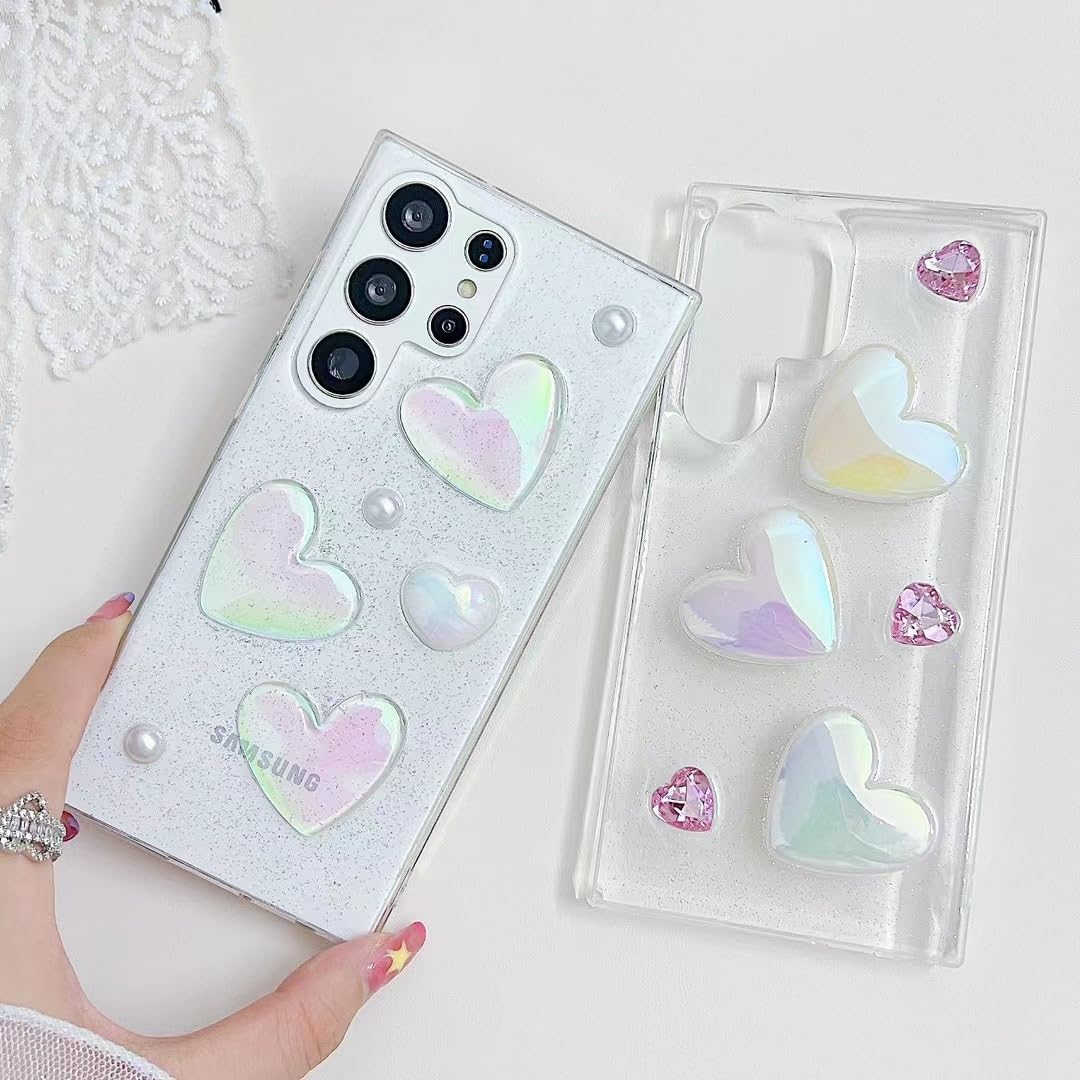 VALRION Compatible with Samsung Galaxy S24 Ultra Bling Case Laser Colour 3D Crystal Love Heart Pearl Diamond Glitter Clear Case Cute Girly Women Slim Soft TPU Transparent Phone Cover