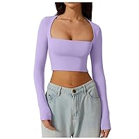 Women's Going Out Tops Square Neck Long Sleeve T Shirts Solid Color Bottom Gentle Sleeved Short Top, S-XL