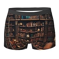 Library Bookshelf Print Men's Boxer Briefs Underwear Trunks Stretch Athletic Underwear for Moisture Wicking