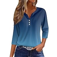 Henley Tops for Women,3/4 Length Sleeve Womens Tops Button Henley V Neck Shirts Henley 2024 Summer Blouses Dressy Fashion Print Clothes Womens Tunic Tops 3/4 Sleeve