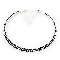 2-Row Jet Black Austrian Crystal Choker Necklace (Silver Plated)