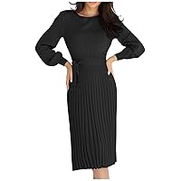Womens Sweater Dress Fashion Casual Solid Color Round Neck Long Sleeves Knitted Slim Fit Pleated Dress
