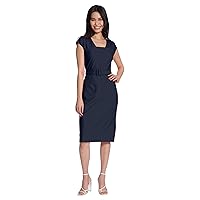 Maggy London Women's Petite Square Neck Cap Sleeve Belted Dress with Pencil Skirt, Twilight Navy