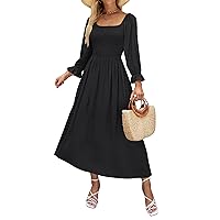 ZESICA Women's Casual Square Neck Long Puff Sleeve Solid Color Smocked High Waist Flowy Midi Dress