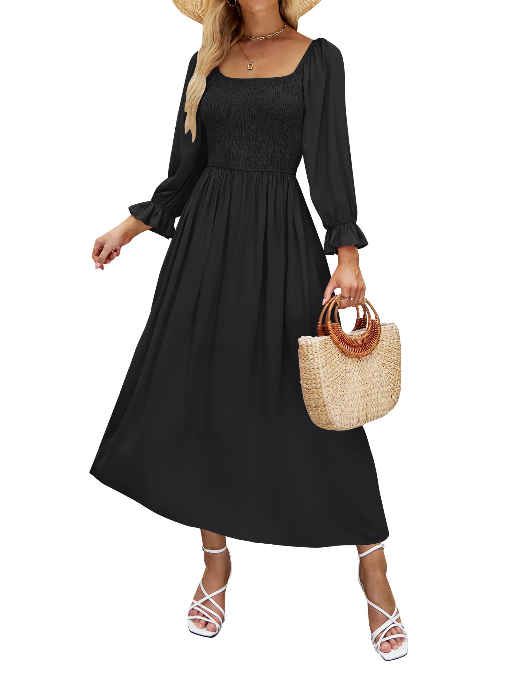 ZESICA Women's Casual Square Neck 3/4 Puff Sleeve Solid Color Smocked High Waist Flowy Midi Dress