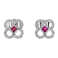DIAMOND AND RUBY 4 LEAF CLOVER WHITE GOLD STUD EARRINGS
