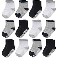 CozyWay Baby Anti Slip Crew Socks 12 Pairs with Grips for Toddlers Little Boys Girls Infants Kids Non Skid
