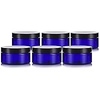 8 oz Cobalt Blue PET Plastic Refillable Low Profile Jar with Black Lid (6 pack)