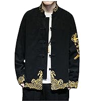 Autumn and Winter Chinese Style Men's Cotton Linen Embroidery Contrast Color Suit Stand Collar Coat Loose Pants