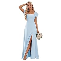Chiffon Bridesmaid Dresses for Women Short Sleeve Wedding Guest Dress with Slit A Line Formal Gown