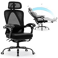 Office Chair Ergonomic Desk Chair, Reclining PU Cushion Mesh Computer Chair with Adjustable Lumbar Support, Headrest and Footrest, High Back Home Office Desk Chair, 360° Swivel Executive Task Chair