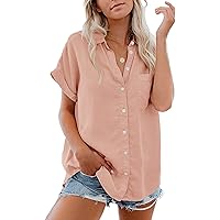 Womens Button Down Shirts Pocket Cap Sleeve Summer Blouse Military Utility Tops