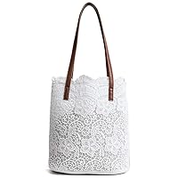 Beach Bag Large Capacity Women Casual Lace Handbag Personalized Bucket Shoulder Bag,White