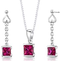 PEORA Created Ruby Drop Earrings and Pendant Necklace Jewelry Set for Women in Sterling Silver, Dainty Heart Accent, 2.75 Carats total Princess Cut, with 18 inch Chain