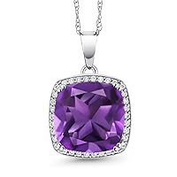 Gem Stone King 10K White Gold Purple Amethyst and White Created Sapphire Pendant Necklace For Women (6.74 Cttw, Gemstone February Birthstone, Cushion Cut 12MM, with 18 Inch Chain)