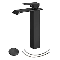 BWE Vessel Sink Faucet with Drain Assembly Without Overflow and Supply Hose Lavatory Waterfall Black Bathroom Faucet Single Handle One Hole Mixer Tap Tall Body Matte