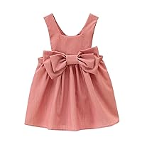 Girls' Summer Button-Down Dresses Solid Bowknot Suspender Skirt Princess Dress Outfit Girls' Cold Shoulder