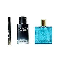 Savage Pour Home & Lion Versatile Cologne for Men + Salvang Travel Spray of 35ml Eau De Toilette Natural Spray, Savage & Lion Versatile Parfum 3.4oz Fl Oz/100ml each, (Pack of 3)