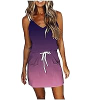 Summer Dresses for Women 2024 Striped Sleeveless Dress Casual Mini Sundresses Strap Boho Tank Dress with Pockets