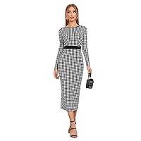 Women's Dress Split Back Houndstooth Bodycon Dress (Color : Black and White, Size : Large)