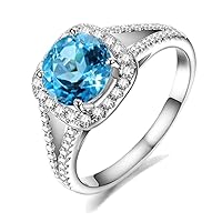 Natural Blue Topaz Gemstone Real Diamond Solid 14K White Gold for Women Lady Wedding Engagement Ring Set